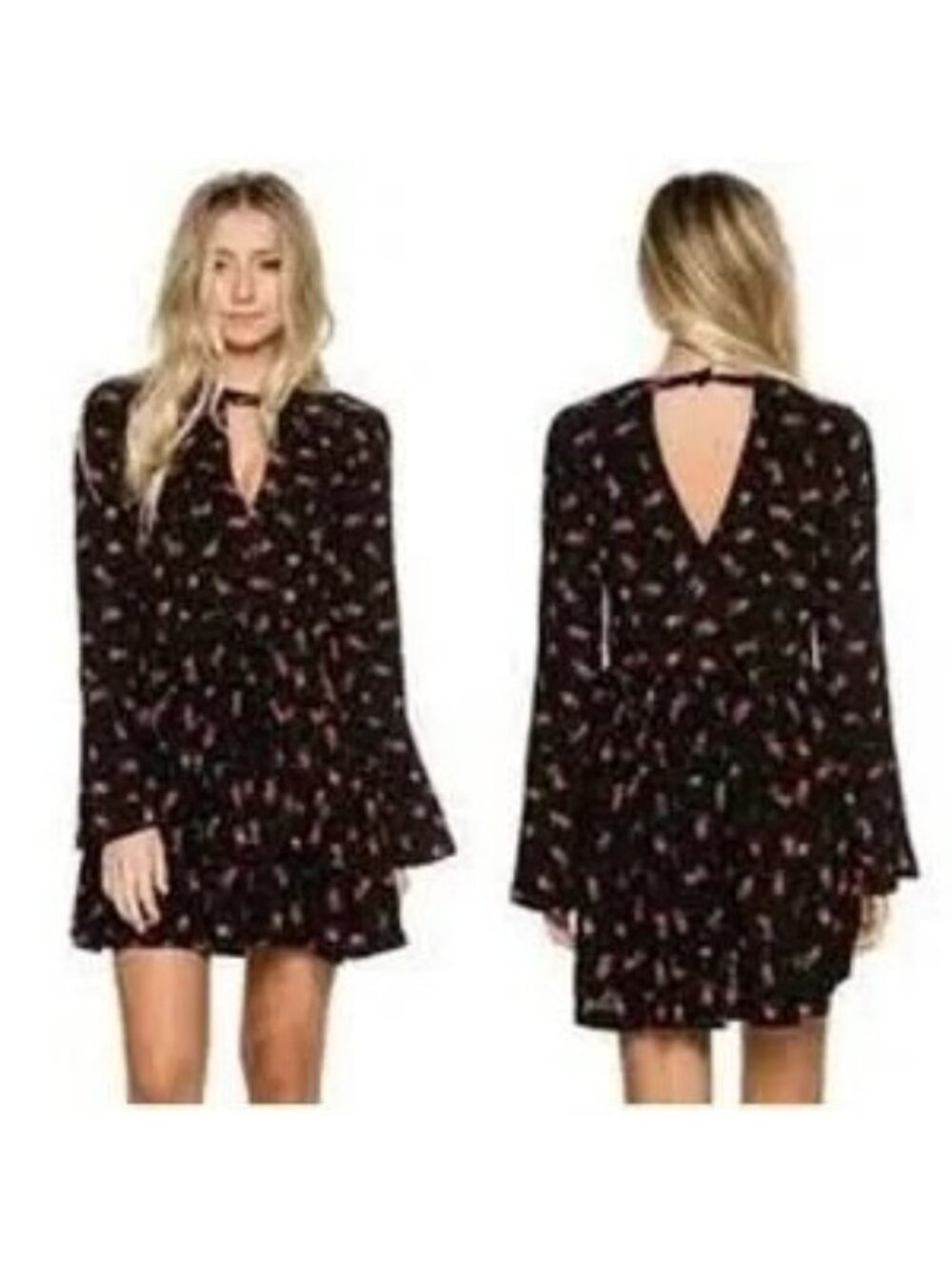 Free People Tegan Black Floral Bell Sleeve Mini Dress